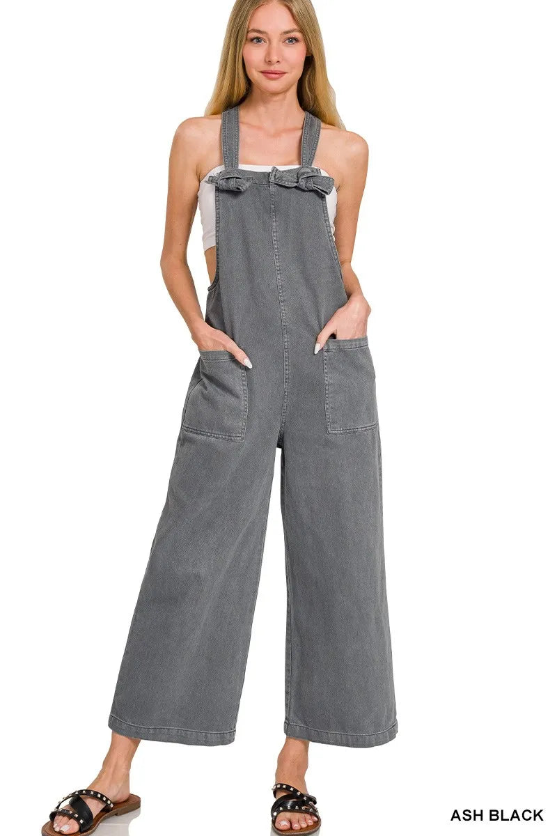 Ash Black Zenana Washed Knot Strap Pockets Jumpsuit