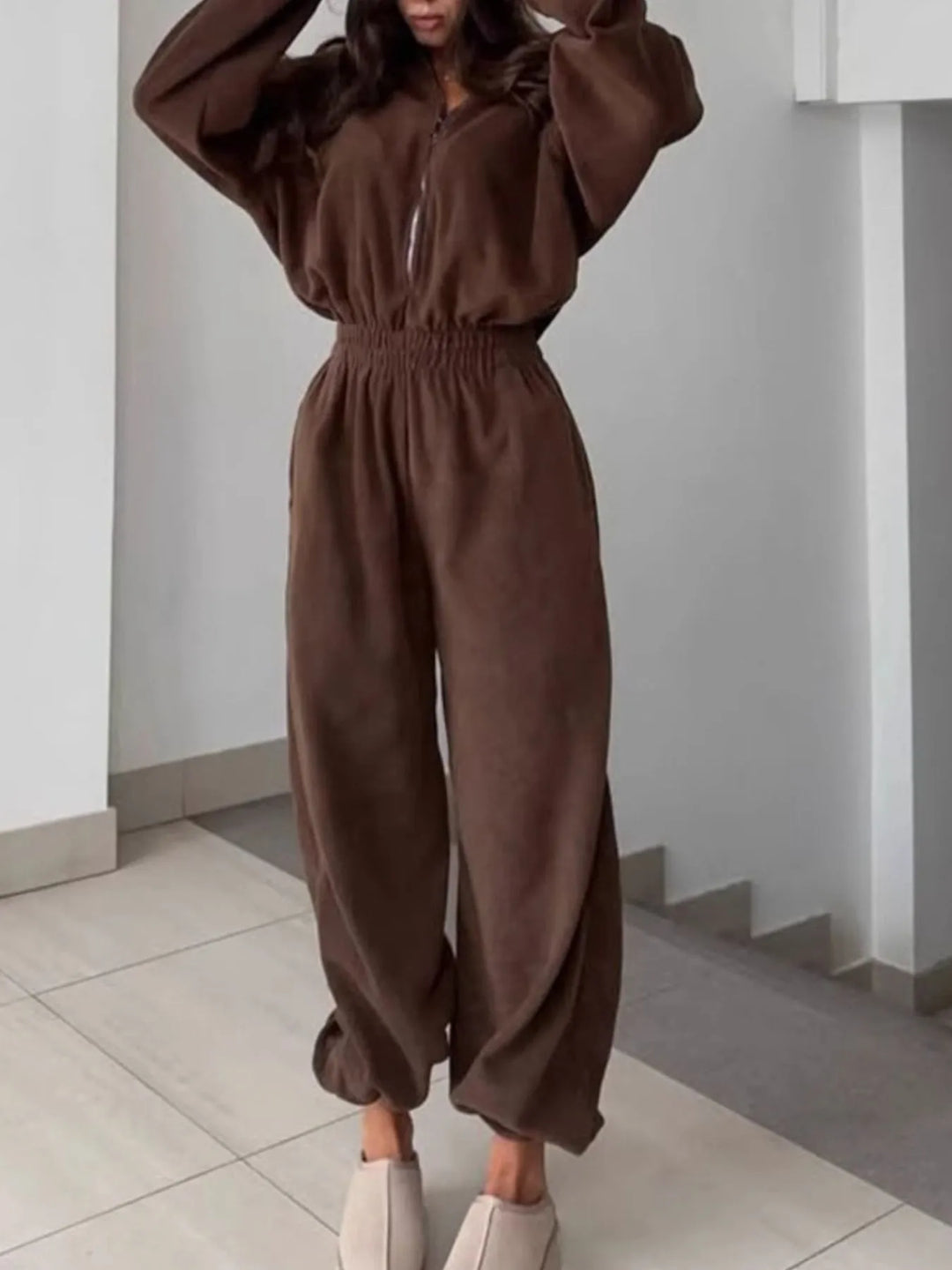 Brown Zip Front Long Sleeve Jumpsuit
