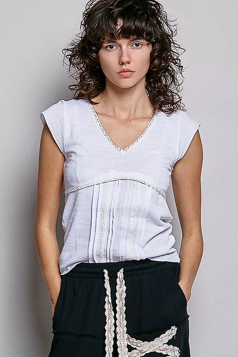 Off White Pol V Neck Lightweight Textured Short Sleeve Knit Top With Lace Trim 3