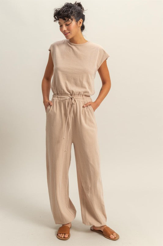 Tan Hyfve Back Keyhole Round Neck Cap Sleeve Drawstring Jumpsuit