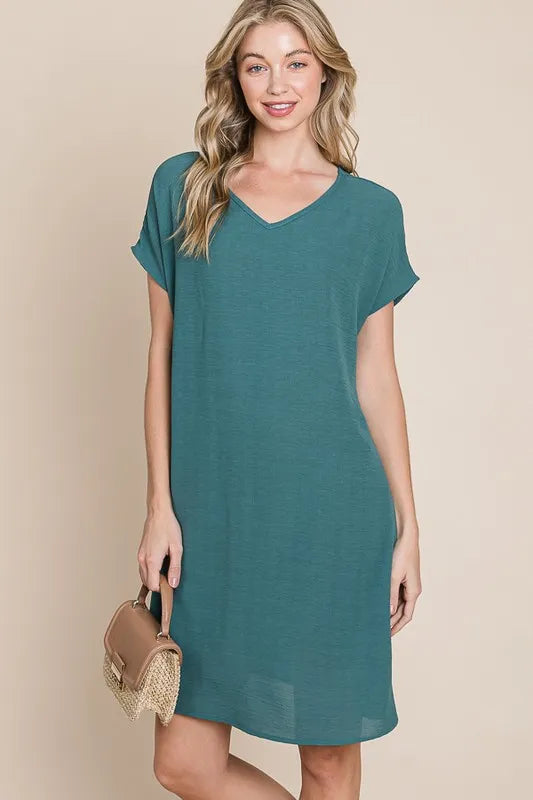 Teal Bombom V Neck Short Sleeve Dress With Pockets 2