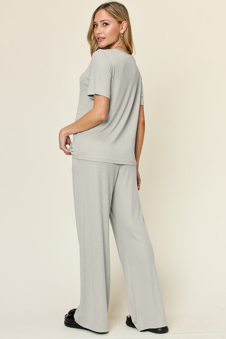Light Gray Double Take Full Size Round Neck Short Sleeve T Shirt And Wide Leg Pants Set