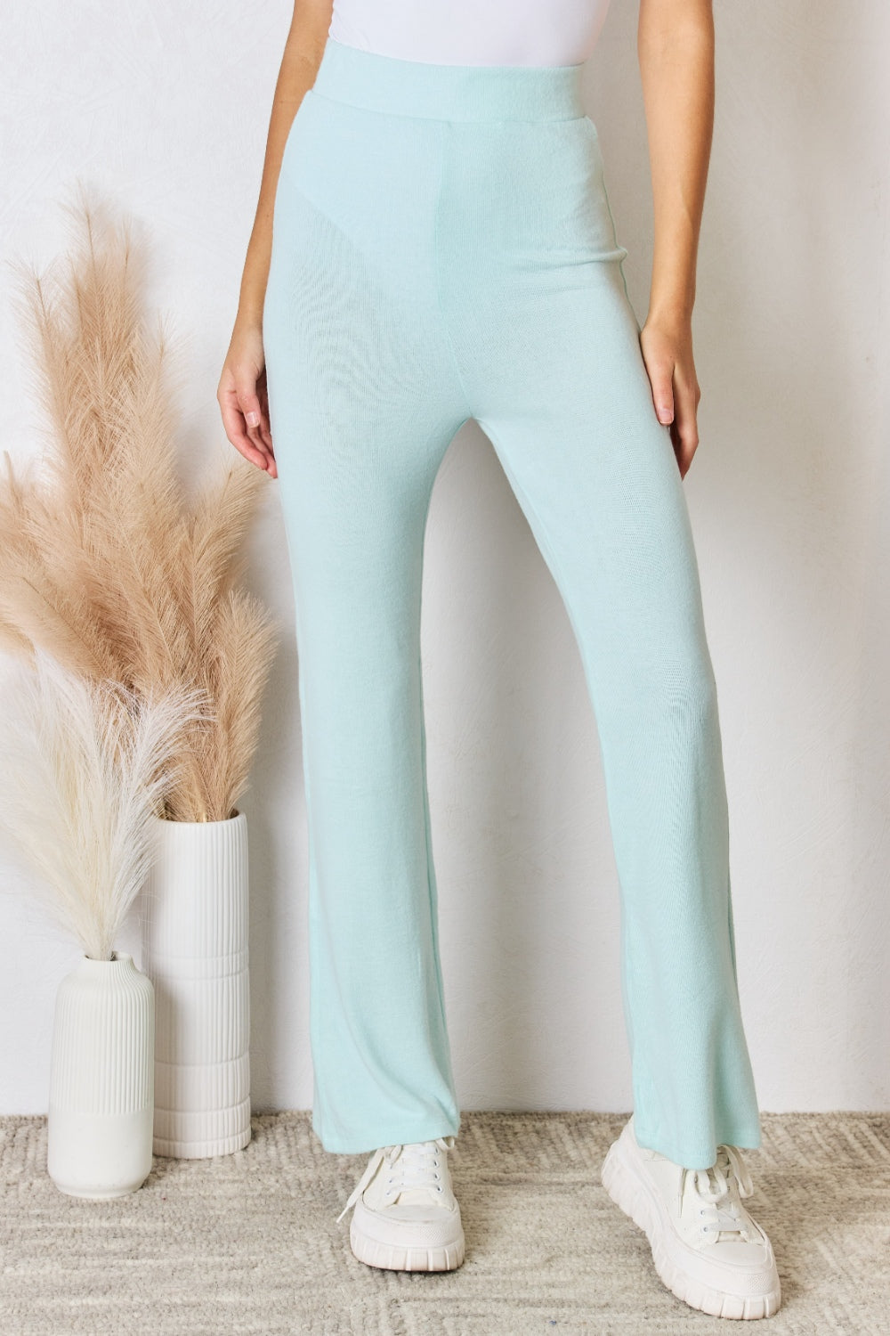 Mint Risen Full Size High Waist Ultra Soft Knit Flare Pants
