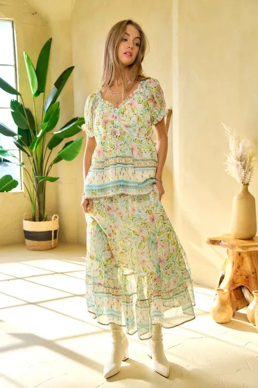 Mint Green Davi Dani Spring Floral Border Print Ruffled Textured Top