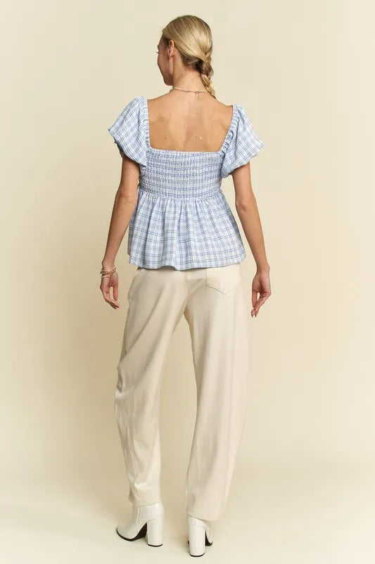 Davi Dani Plaid Puff Sleeves Ruffled Smocked Blouse