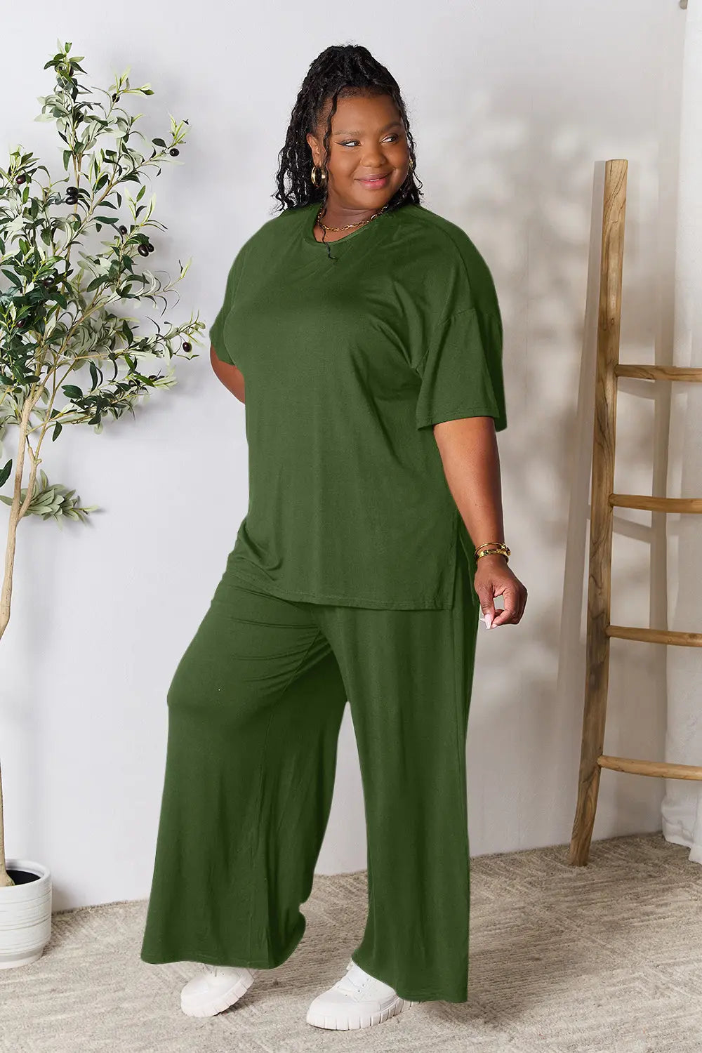 Army Green Double Take Full Size Round Neck Slit Top And Pants Set