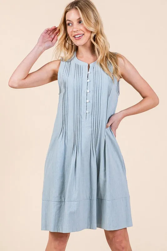 Lime N Chili Denim Pintuck Detail Sleeveless Midi Dress