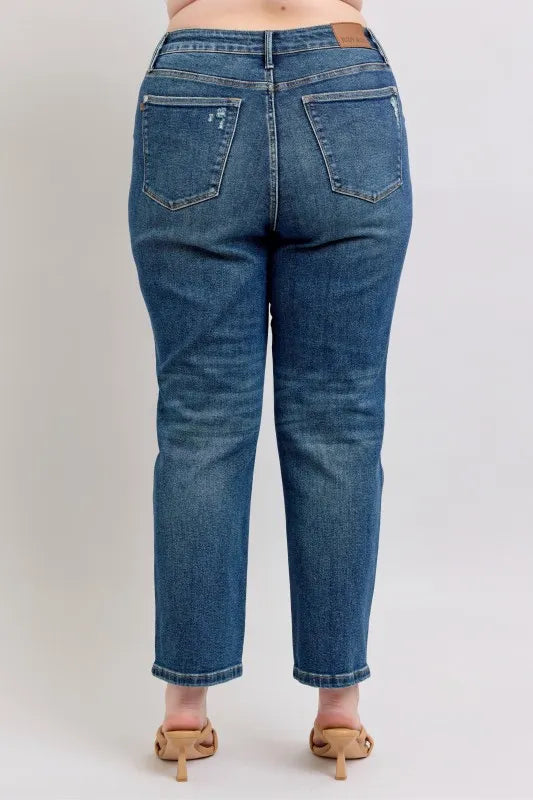 Dark Judy Blue Full Size High Waisted Rigid Magic Non Destroy Straight Leg Jeans Plus Size