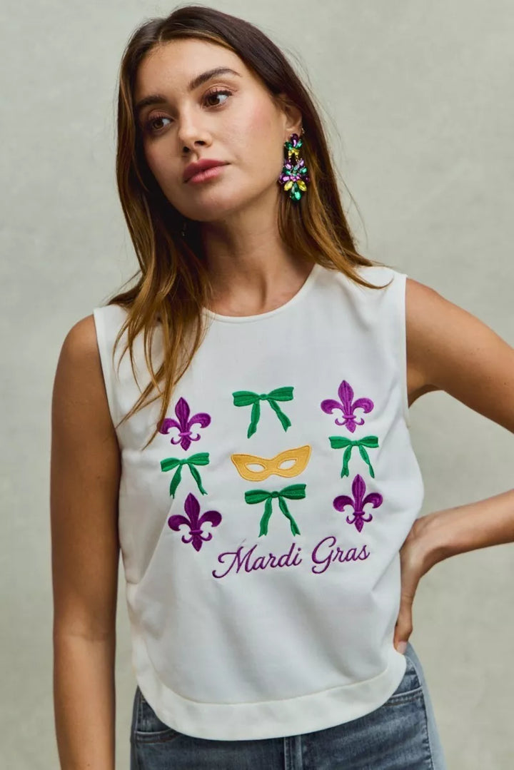 Ivory So Me Mardi Gras Fleur De Lis And Ribbon Embroidered Top