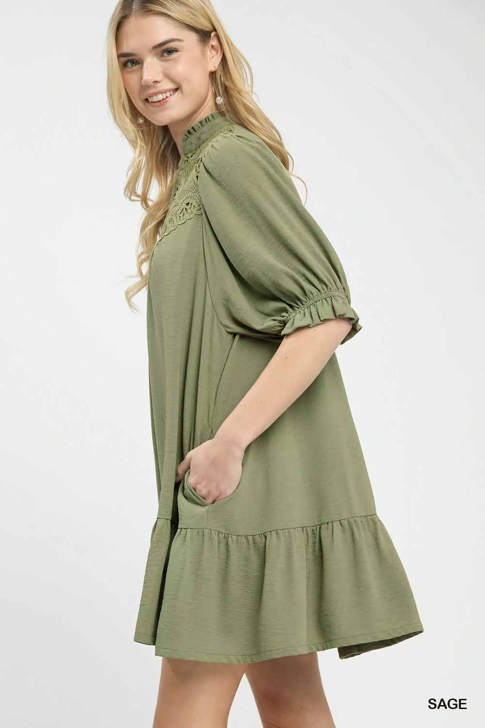 Sage Umgee Lace Yoke Tiered Mini Dress