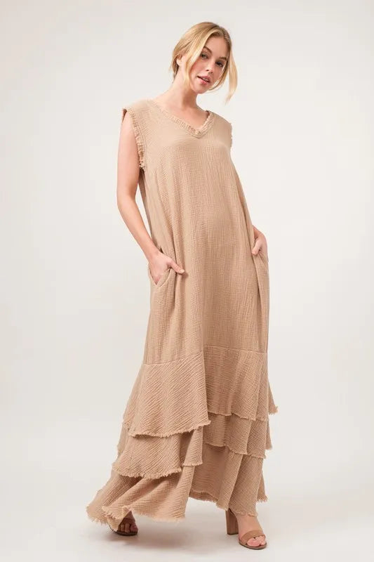And The Why Washed Cotton Gauze Fringe Detail Tiered Dress 1