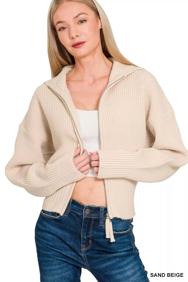 Sand Beige Zenana Ribbed Collared Zip Up Sweater Cardigan 4