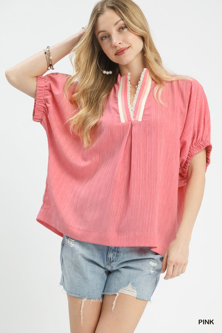 Pink Umgee Textured V Neck Blouse 2