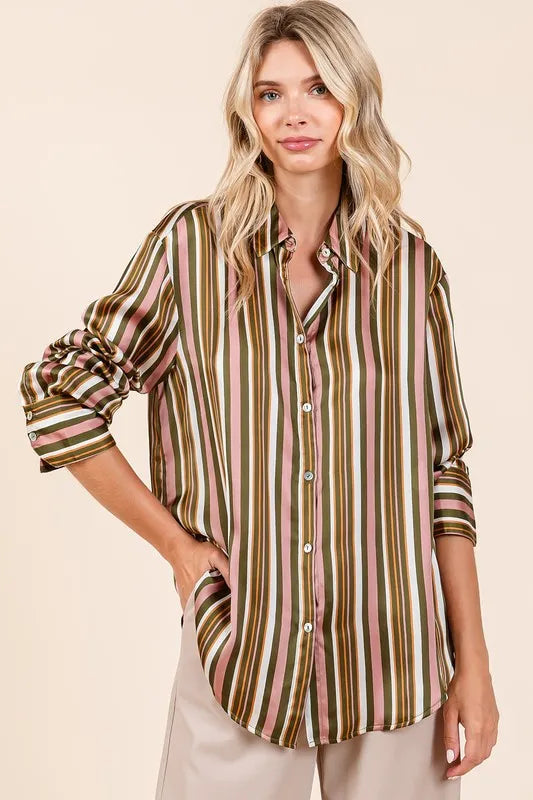 Mauve Multicolor Mittoshop Striped Button Down Satin Shirt