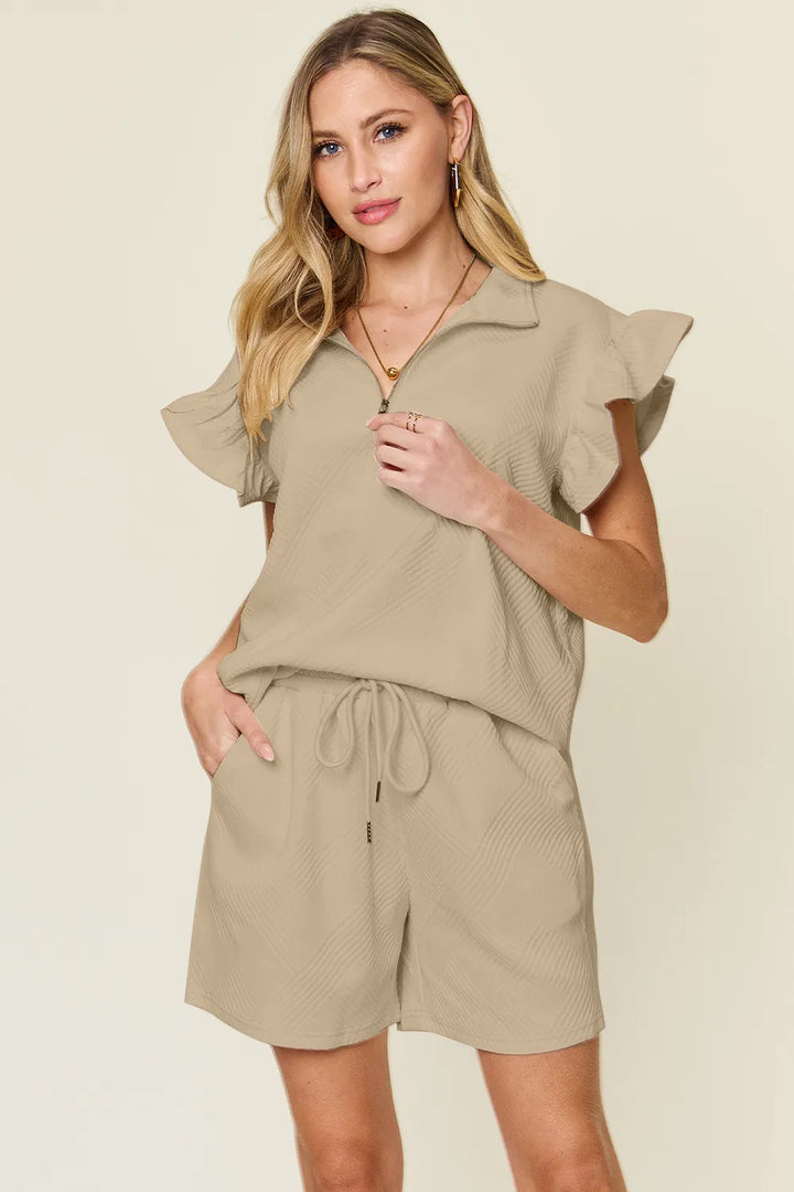 Cream Double Take Full Size Texture Flounce Sleeve Top And Drawstring Shorts Set 1