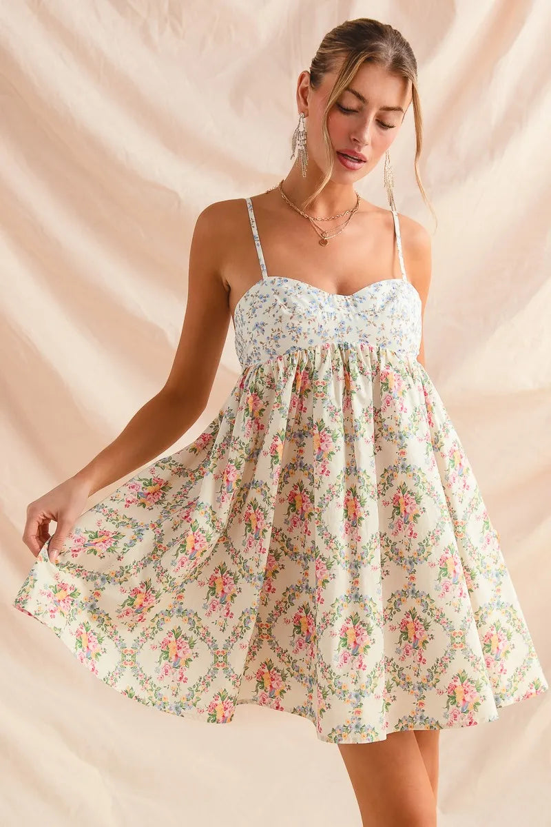 Cream Combo So Me Mixed Floral Print Sleeveless Mini Dress
