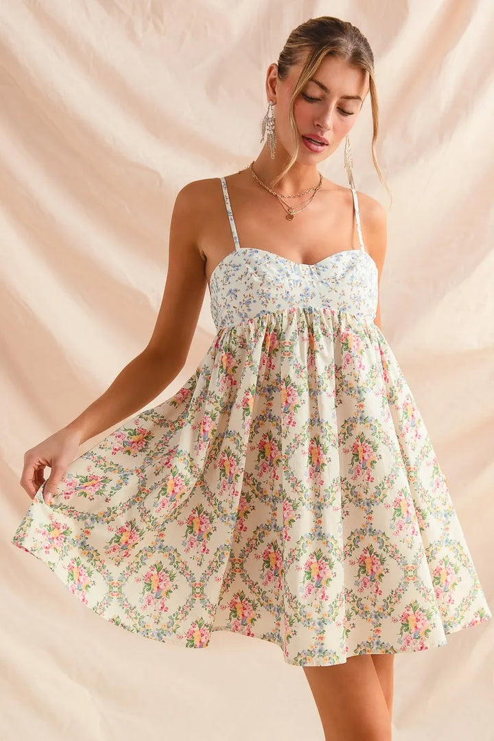 Cream Combo So Me Mixed Floral Print Sleeveless Mini Dress