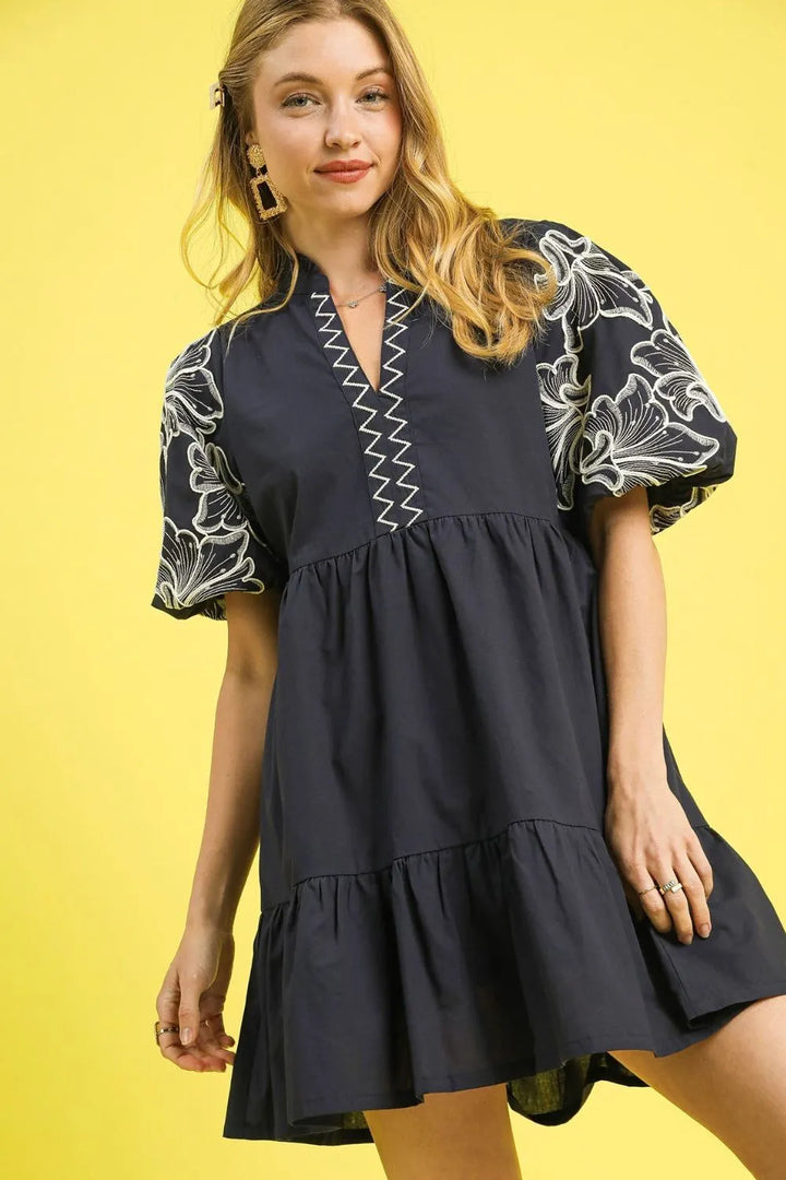 Dark Gray Umgee Tiered Embroidered Puff Sleeve Mini Dress