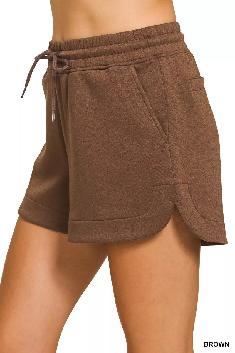 Brown Zenana Scuba Elastic Waistband Shorts With Pocket 1