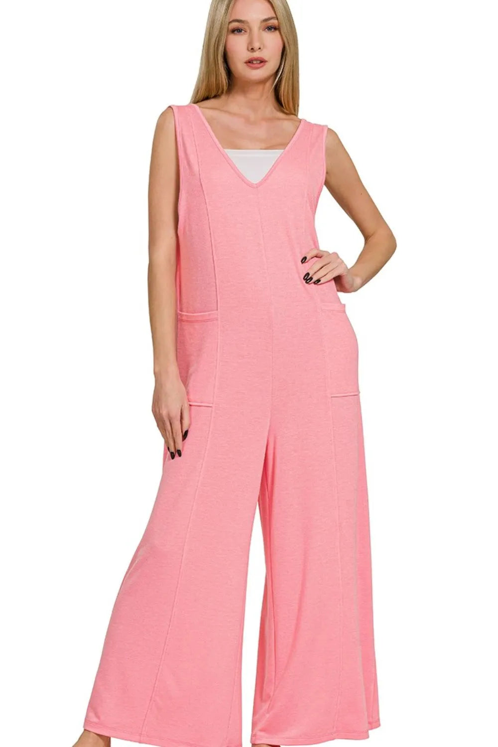 Dk Pink Zenana French Terry Deep V Neck Jumpsuits 3