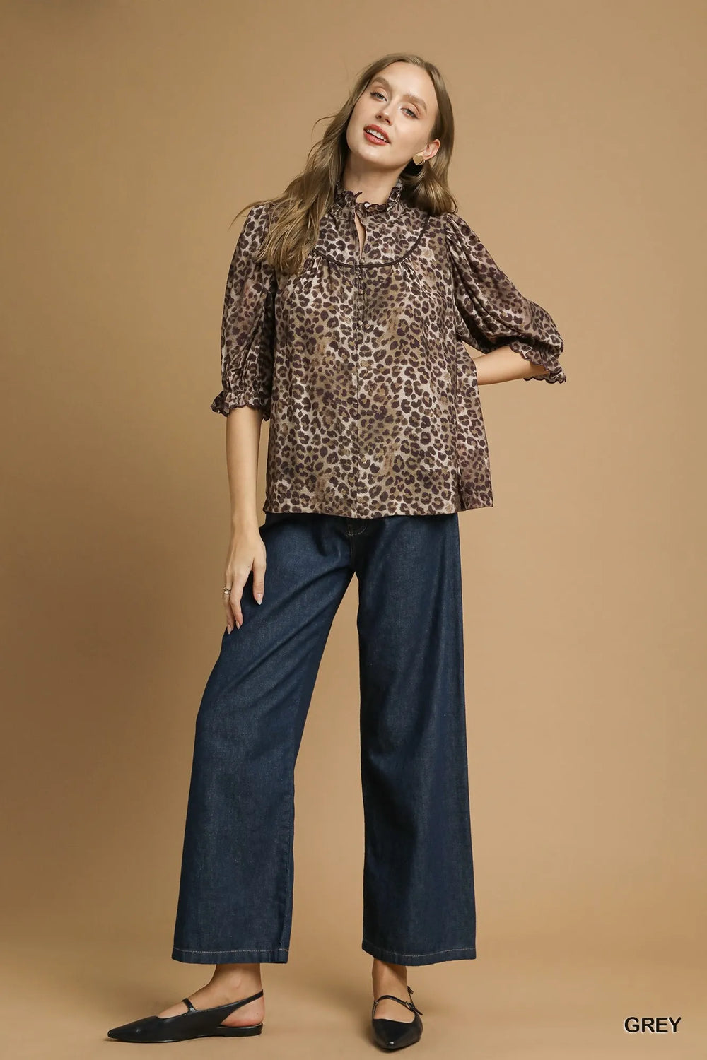 Grey Umgee Leopard Print Ruffle Neck Blouse