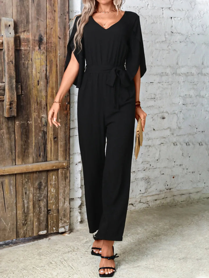 Tied V Neck Half Sleeve Wide Leg Jumpsuit