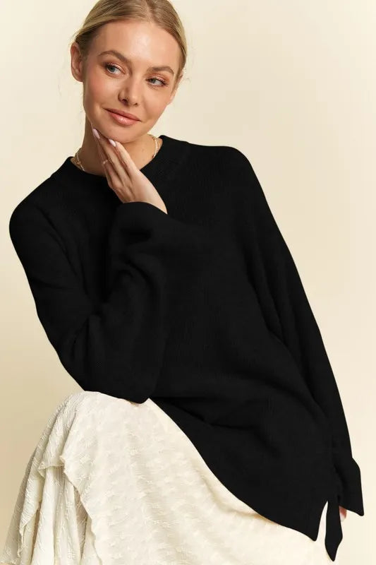 Davi Dani High Low Round Neck Drop Shoulder Sweater