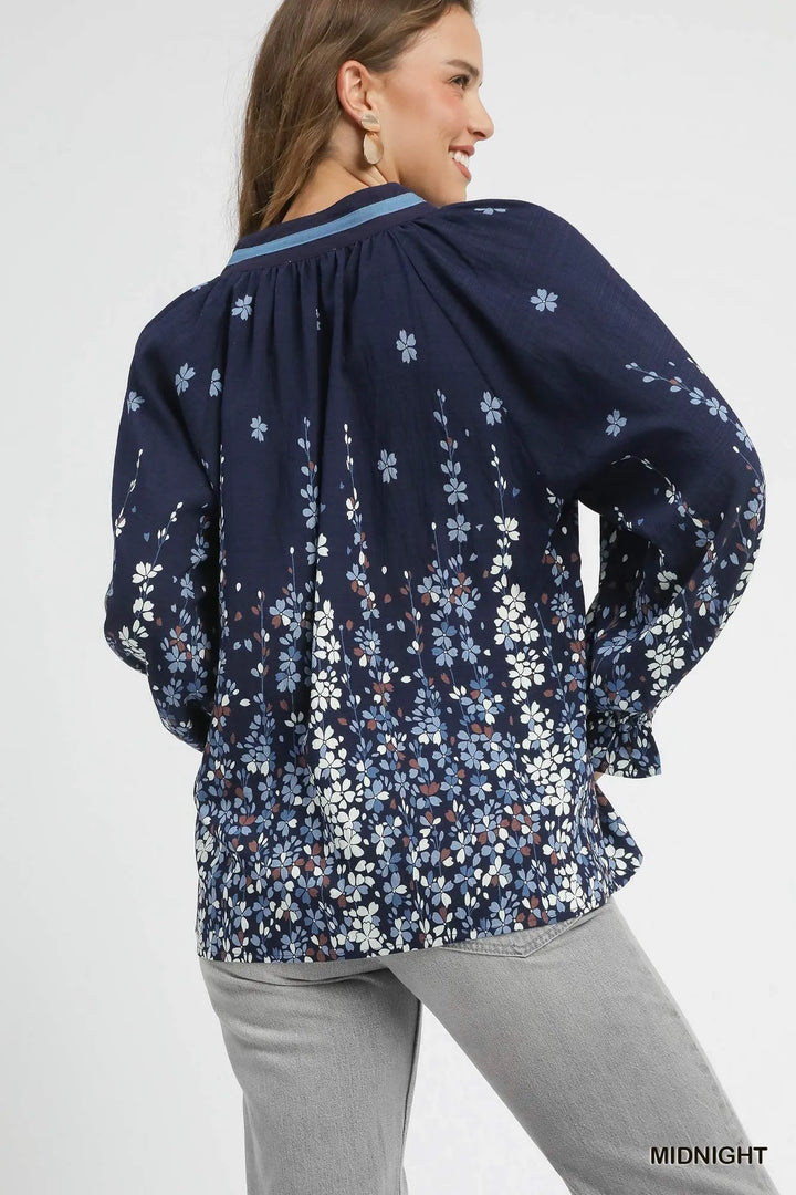 Midnight Umgee Full Size Floral Vine Print Blouse With Balloon Sleeves Plus Size 1