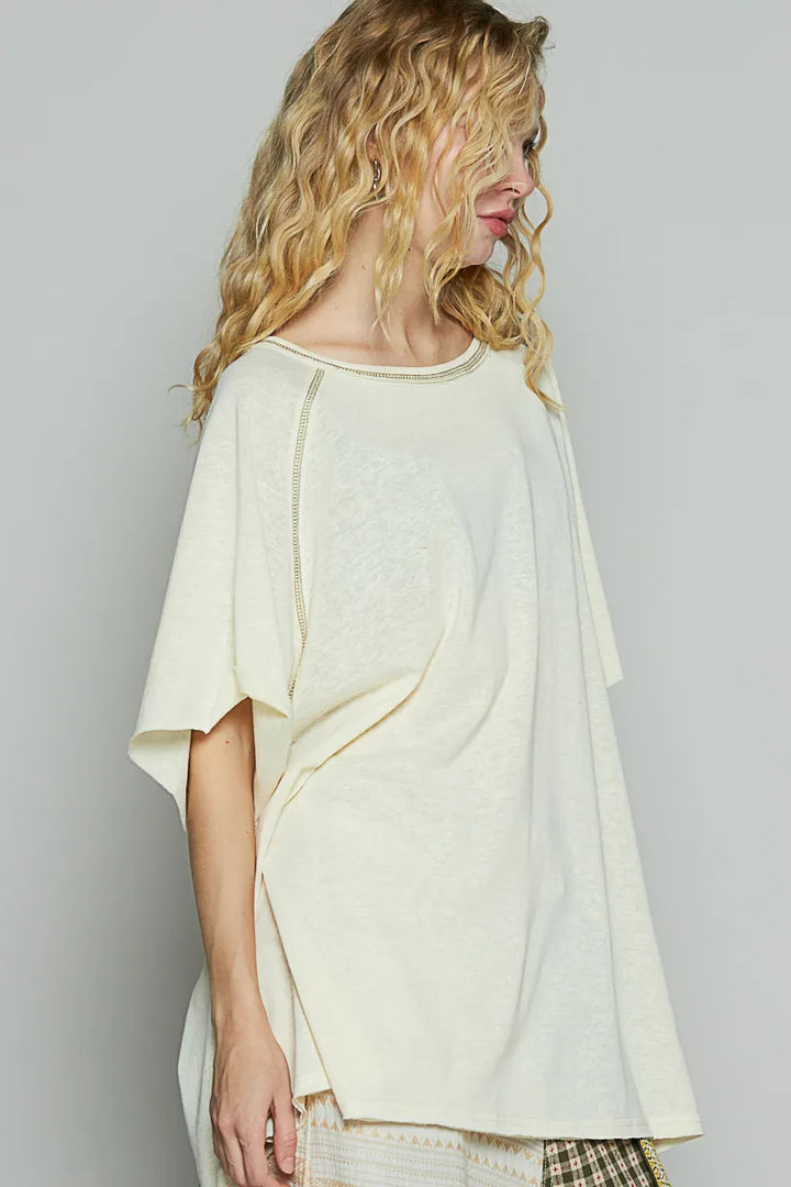 Custard Pol Contrast Stitching Half Sleeve Oversized T Shirt