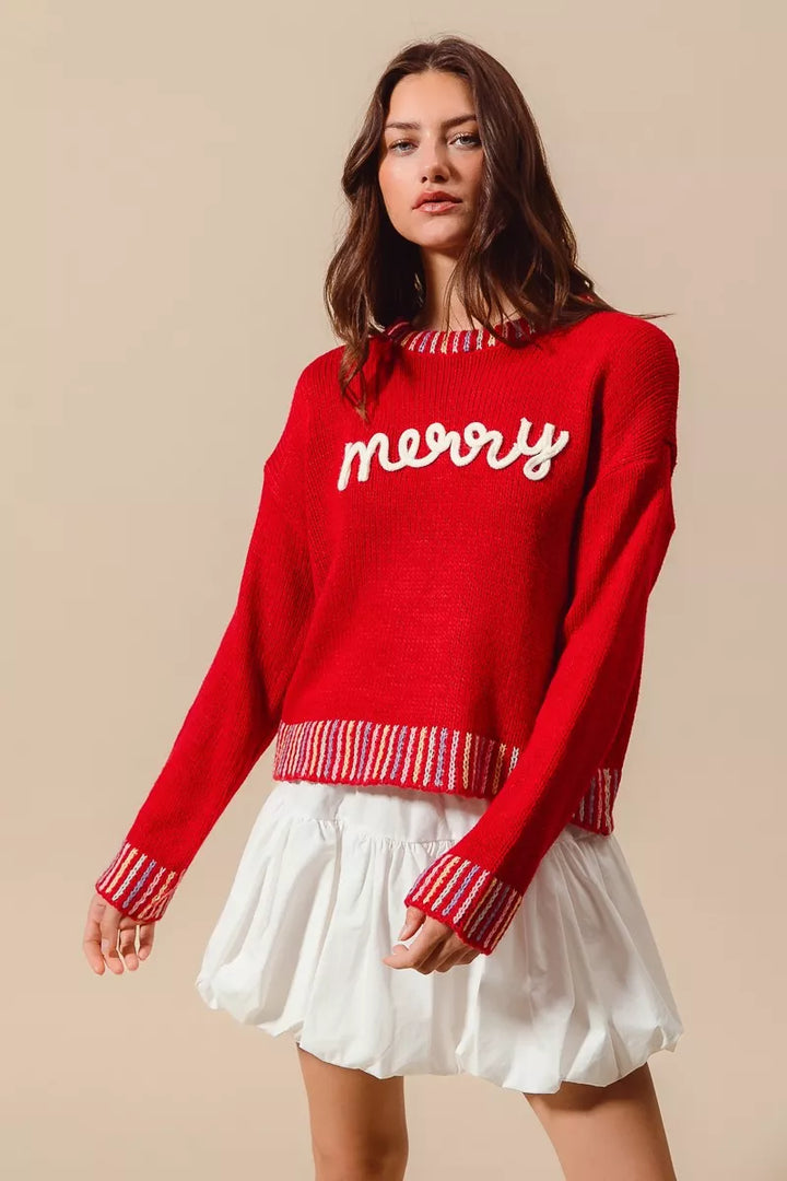 So Me Merry Lettering Embroidered Christmas Sweater