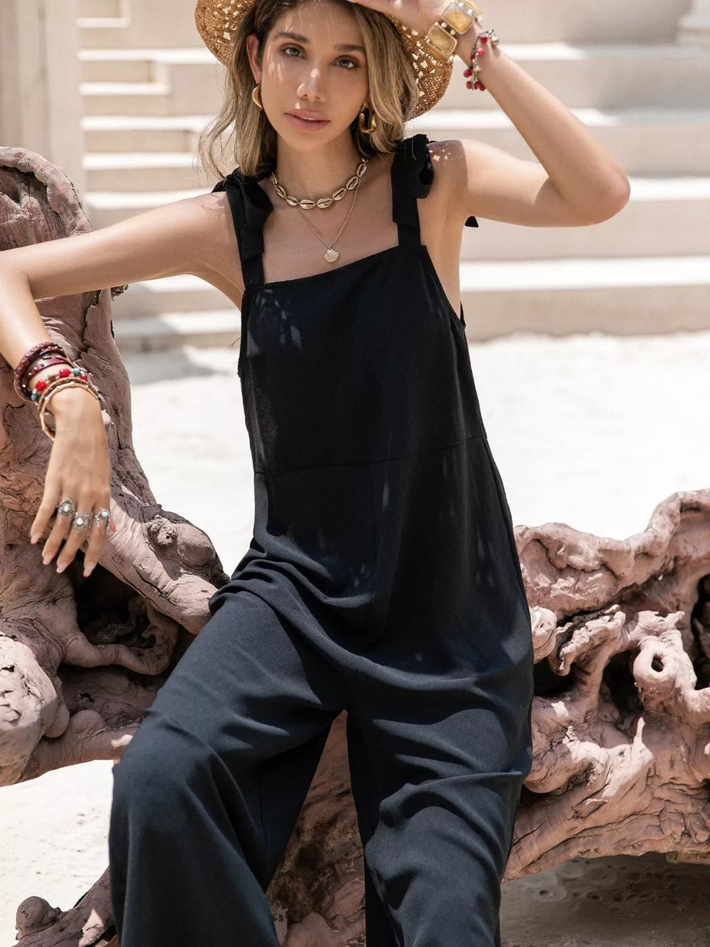 Black Sleeveless Wide Leg Jumpsuit With Tie Shoulder