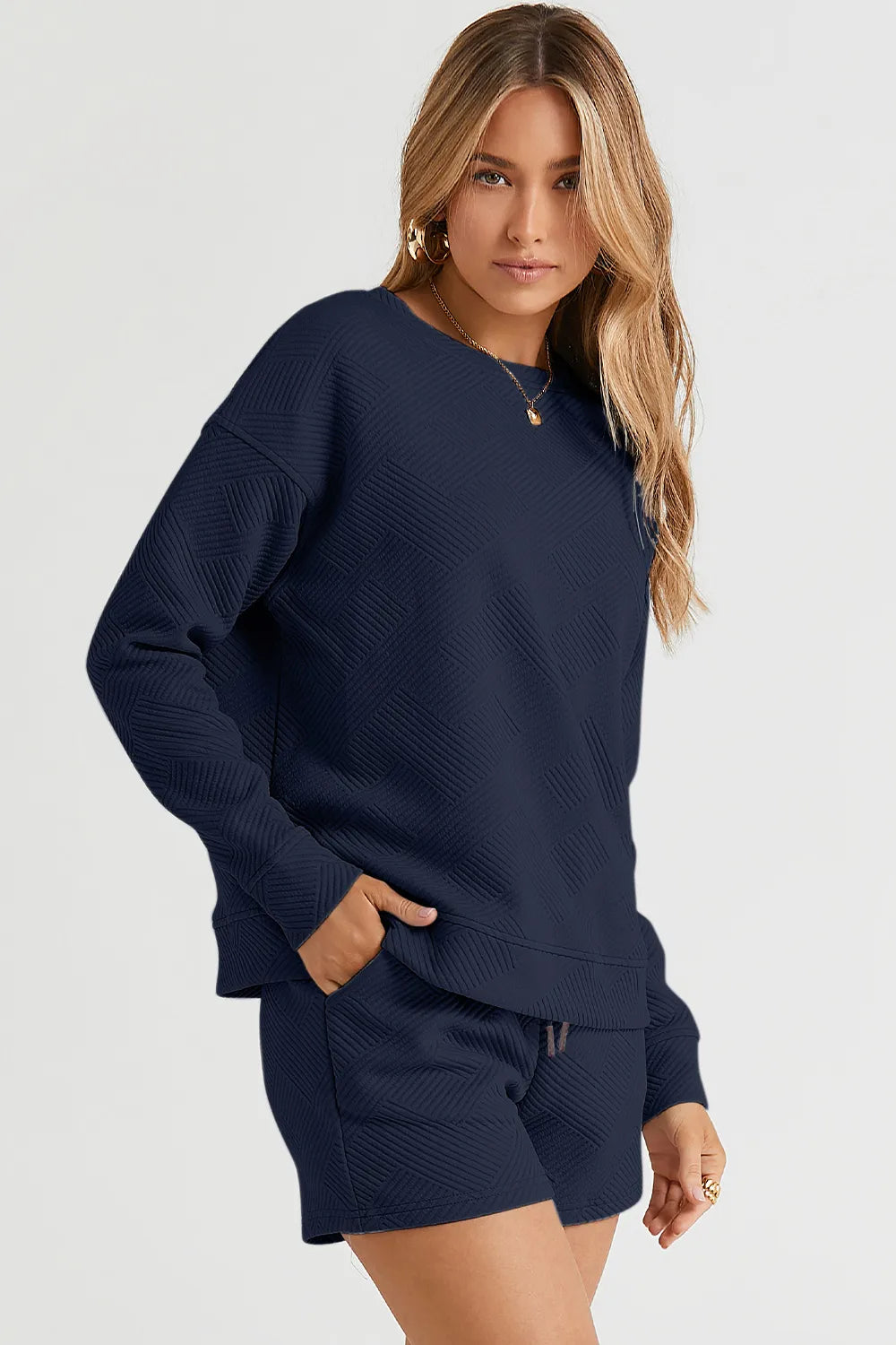 Navy Double Take Full Size Texture Long Sleeve Top And Drawstring Shorts Set