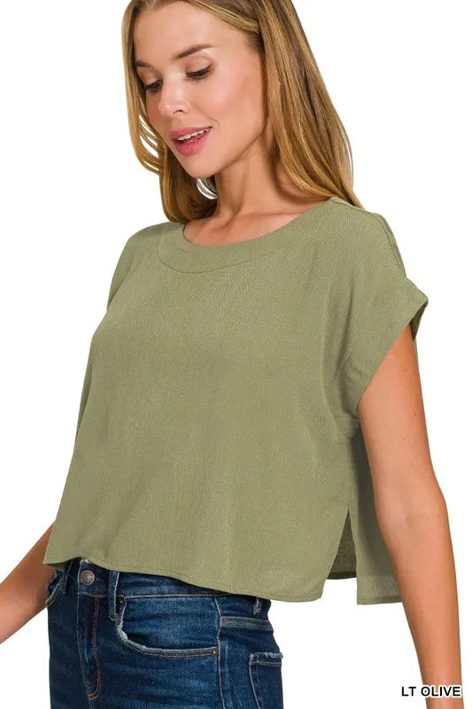 Lt Olive Zenana Woven Crinkle Gauze Crop Tee And Skirt Set 4