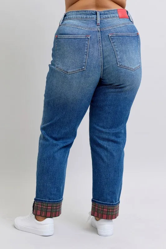 Medium Judy Blue Full Size Mr Plaid Print Cuff Bf Jeans Plus Size