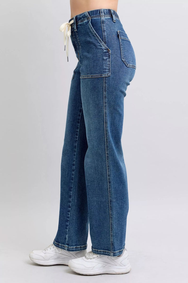 Md Judy Blue Drawstring Straight Jeans With Pockets
