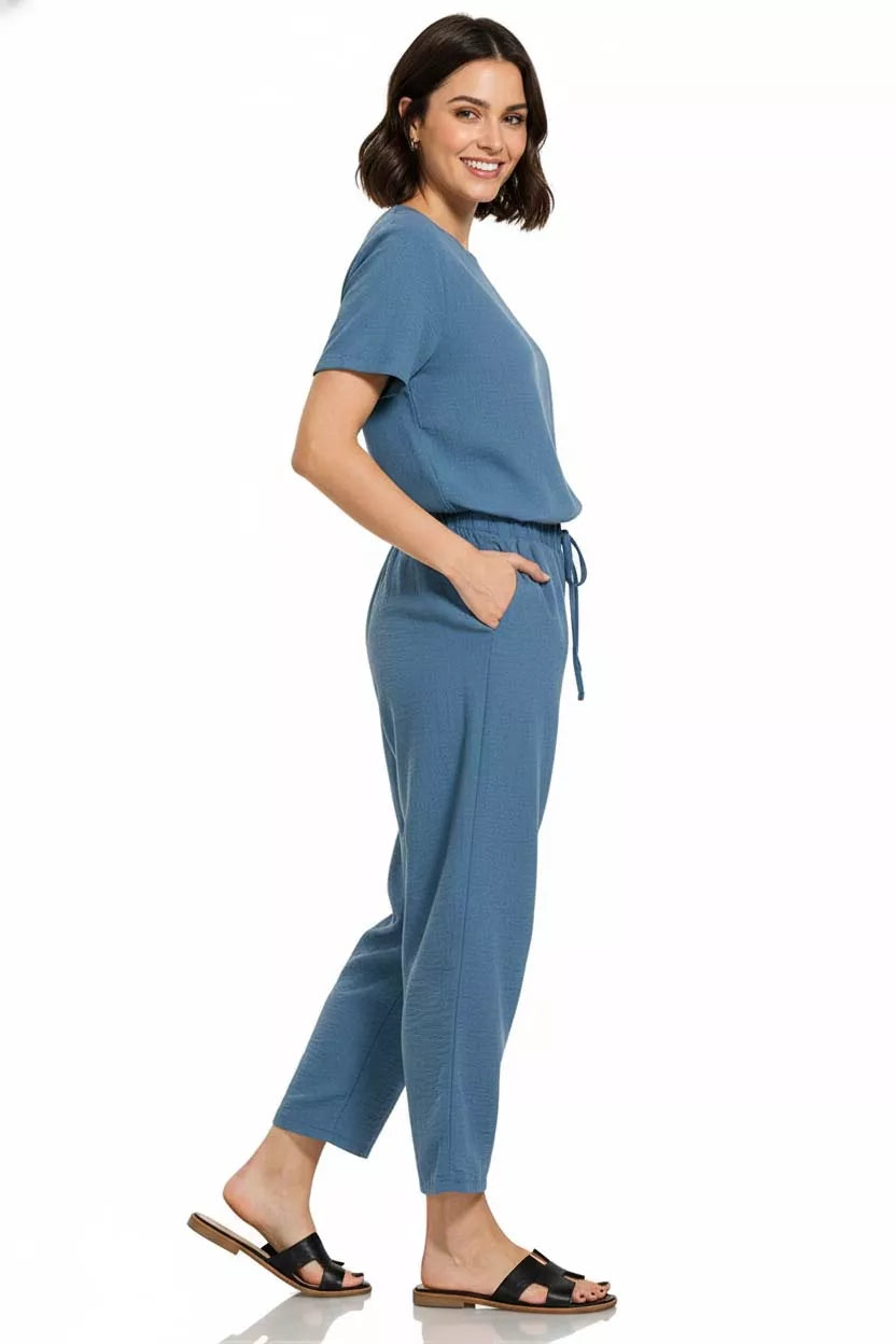 Dusty Blue Zenana Woven Crepe Elastic Band Waist Pants 3