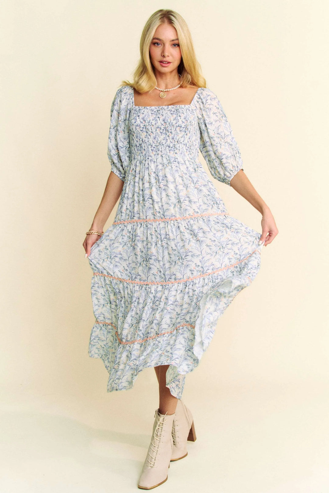Blue Davi Dani Contrast Ric Smocking Bodice Tiered Midi Dress