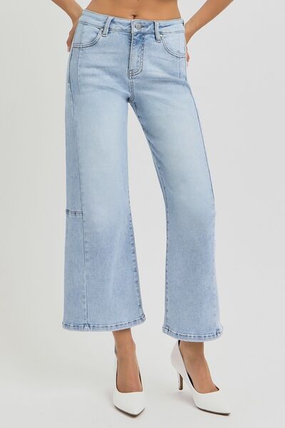 Light Risen Full Size High Rise Seamed Detail Wide Leg Crop Jeans