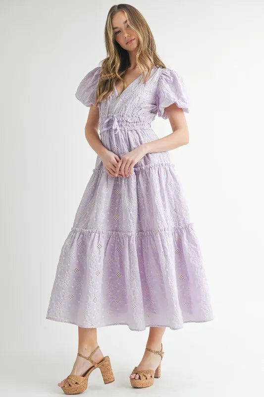 Mable Eyelet Lace Puff Sleeve V Neck Midi Dress 1