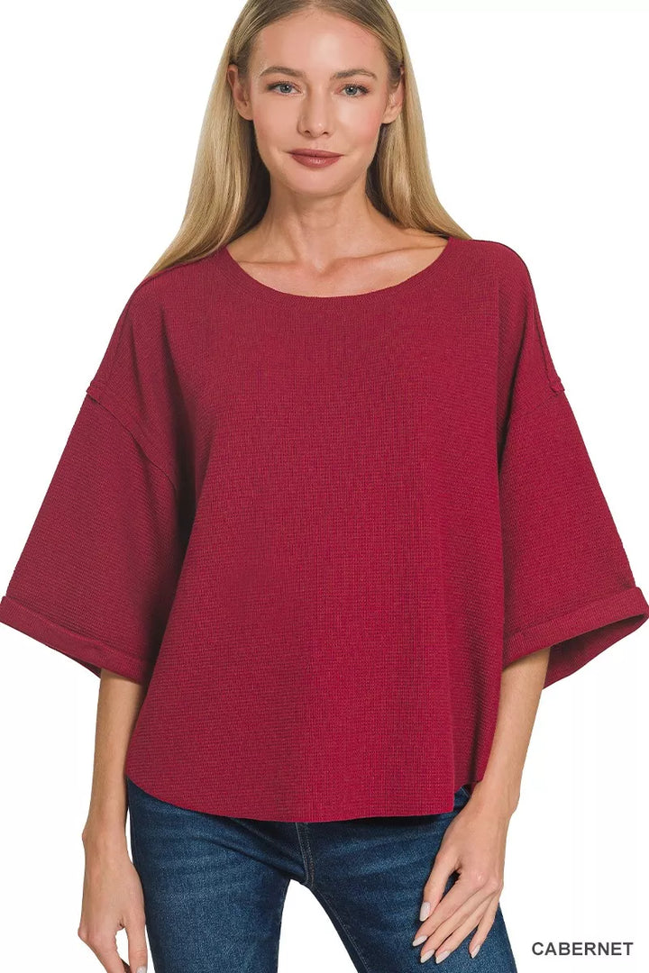 Cabernet Zenana Double Knit Exposed Seam Curved Hem Top