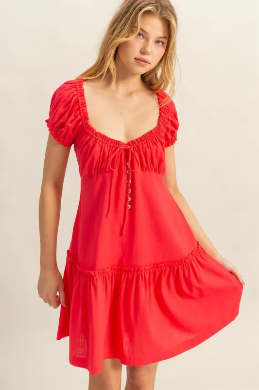 Red Hyfve Ruched Frill Tiered Short Sleeve Mini Dress