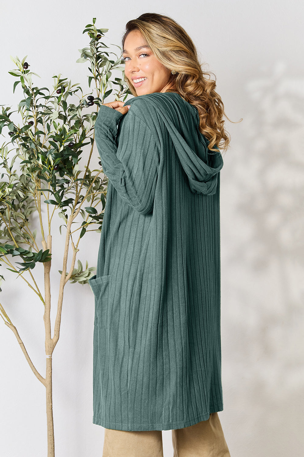 Teal Basic Bae Full Size Hooded Sweater Cardigan