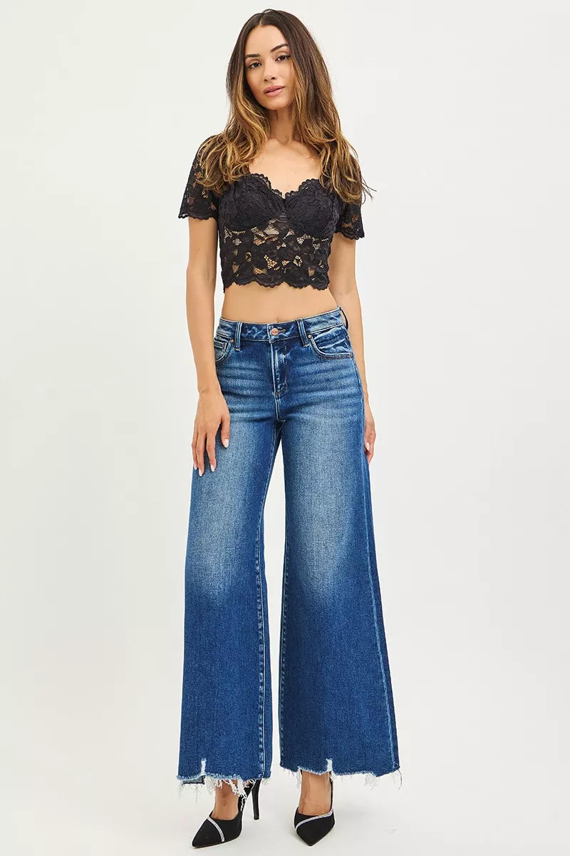 Dark Risen High Rise Wide Leg Jeans With Distressed Hem