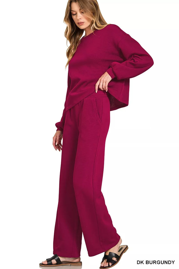 Dk Burgundy Zenana French Rib Pullover And Pants Set 5