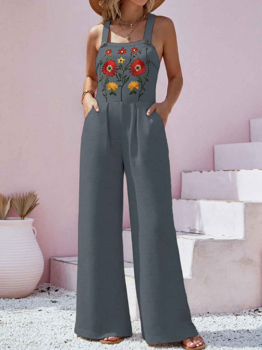 Army Green Floral Embroidered Wide Leg Jumpsuit
