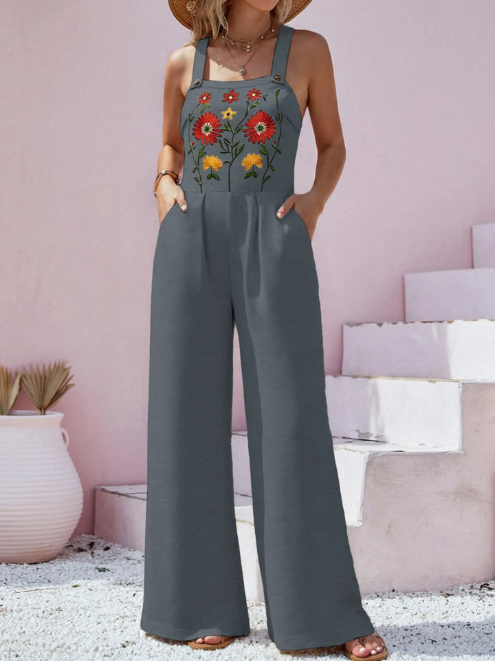 Army Green Floral Embroidered Wide Leg Jumpsuit