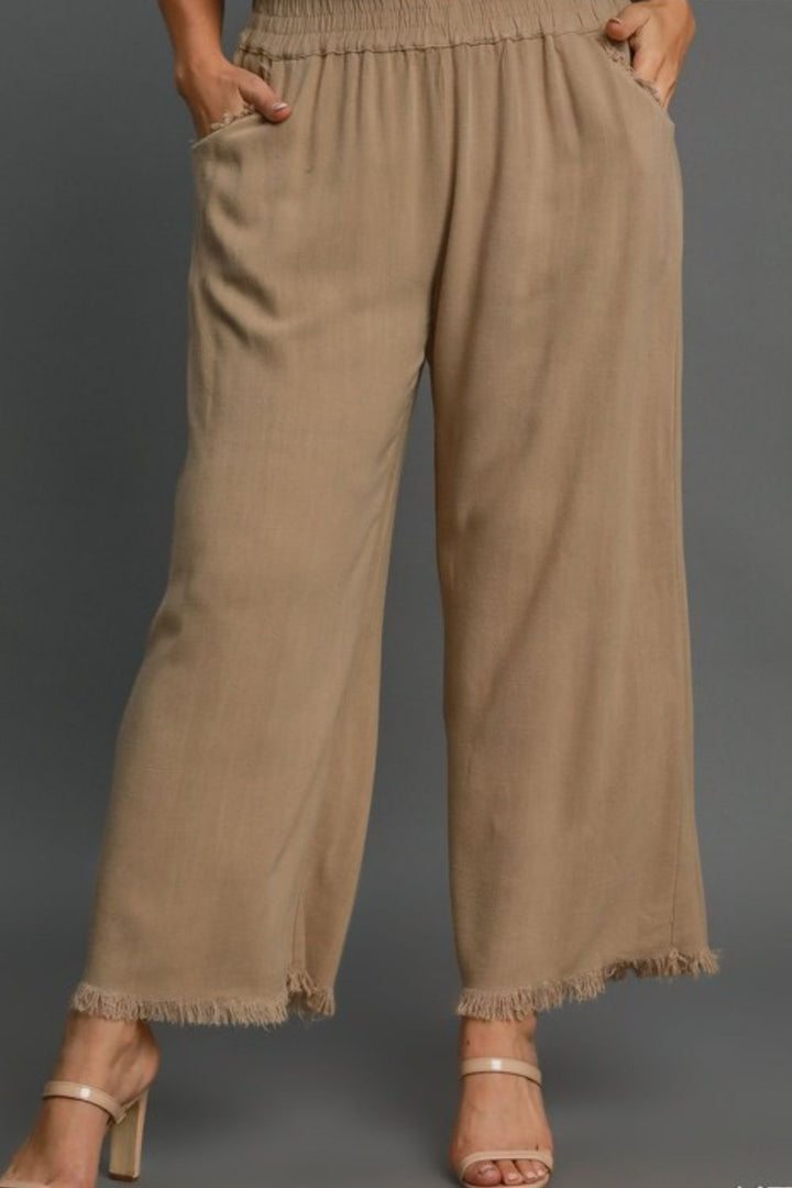 Camel Umgee Full Size Linen Blend Elastic Waistband Wide Leg Pants Plus Size