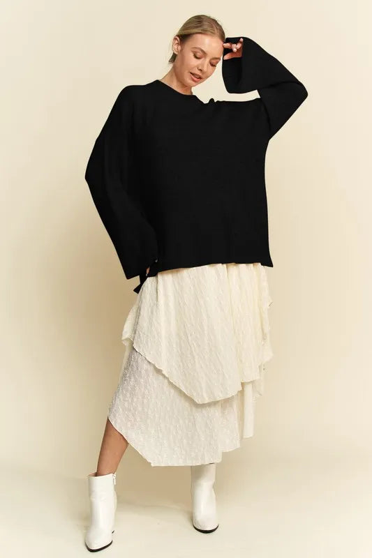 Davi Dani High Low Round Neck Drop Shoulder Sweater