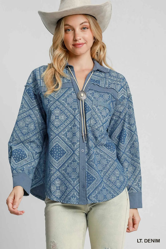 Lt. Denim Umgee Paisley Print Denim Shirt Jacket