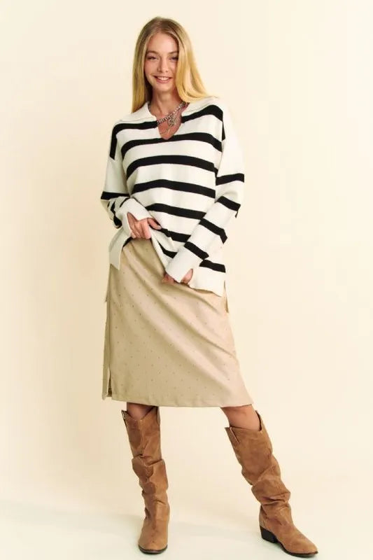Davi Dani High Low Side Slit Striped Johnny Collar Sweater
